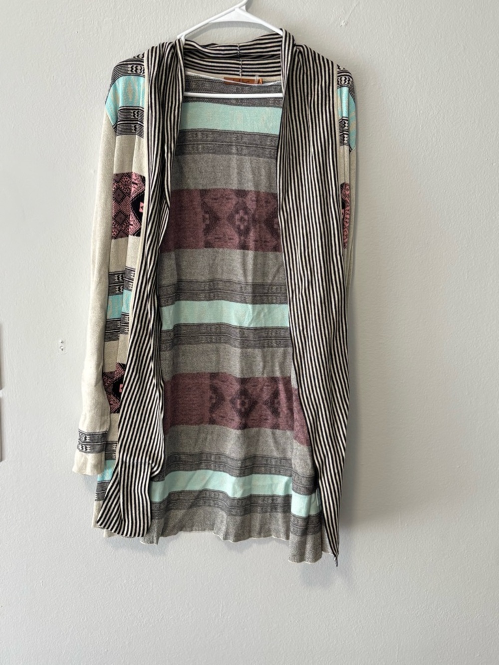 Belldini Striped Aztec Open-Front Cardigan in Mint, Mauve, Cream, Black